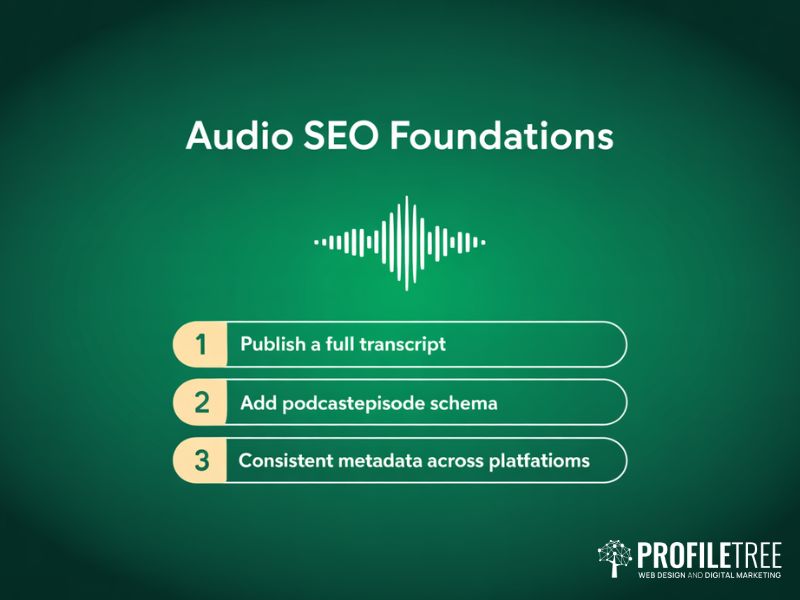 Audio and podcast Multimedia SEO foundations showing transcript schema and metadata steps on green background