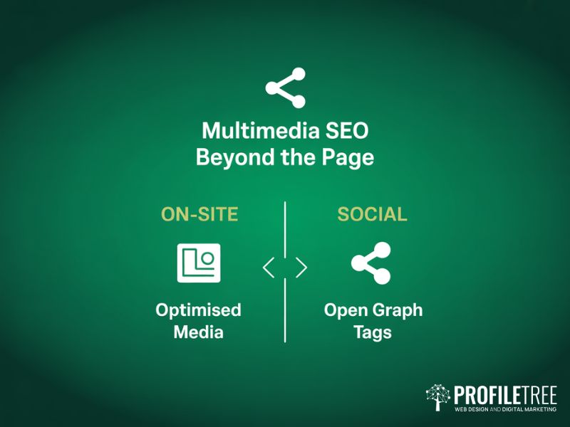 Multimedia SEO social media integration diagram showing on-site optimisation and Open Graph tags on green background