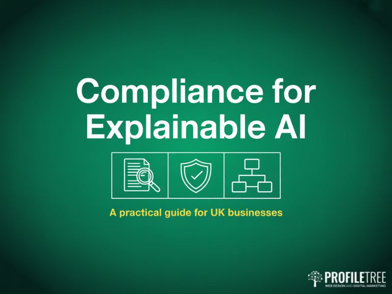 Compliance for Explainable AI hero graphic showing document audit shield and flowchart icons on deep green background