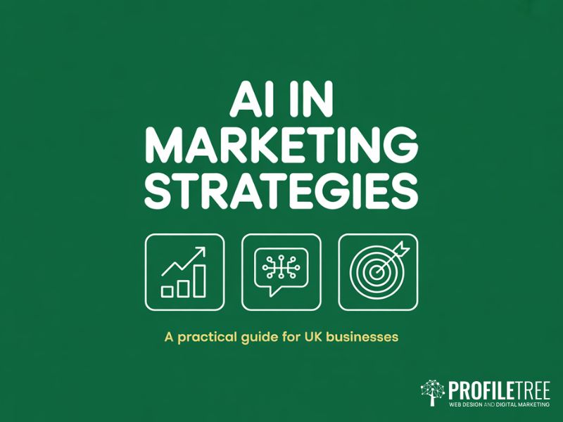 Hero graphic for AI in Marketing Strategies guide showing data chart speech bubble and targeting icons