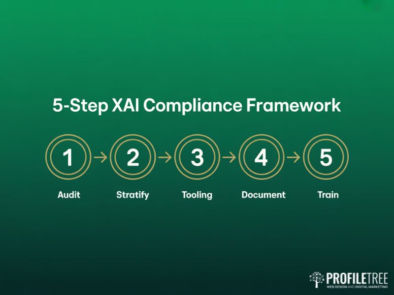 Compliance for Explainable AI five step implementation framework diagram with numbered stages on deep green background