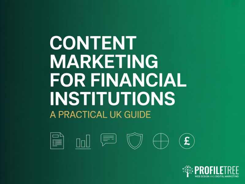 Hero graphic for Content Marketing for Financial Institutions guide showing key topic icons including documents charts and compliance symbols