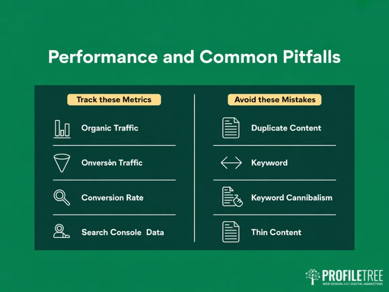 Flat vector two-column infographic on tracking and pitfalls for E-commerce SEO Best Practice covering key metrics and common mistakes to avoid