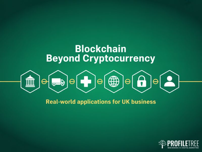 Blockchain Beyond Cryptocurrency applications across UK industries including finance logistics healthcare and energy shown as connected hexagons