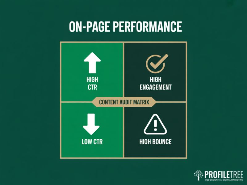 On-page content audit matrix used to improve SEO by identifying CTR and engagement performance gaps