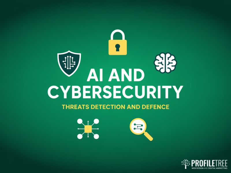 Hero graphic for AI and Cybersecurity guide showing shield padlock and AI brain icons on a deep green background