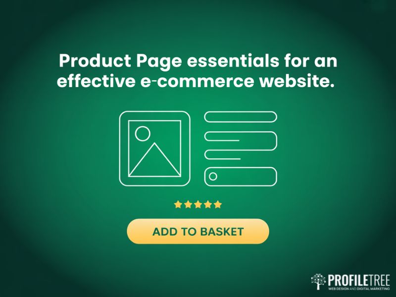 Product page layout for an Effective E-Commerce Website showing image description price stars and basket button on deep green