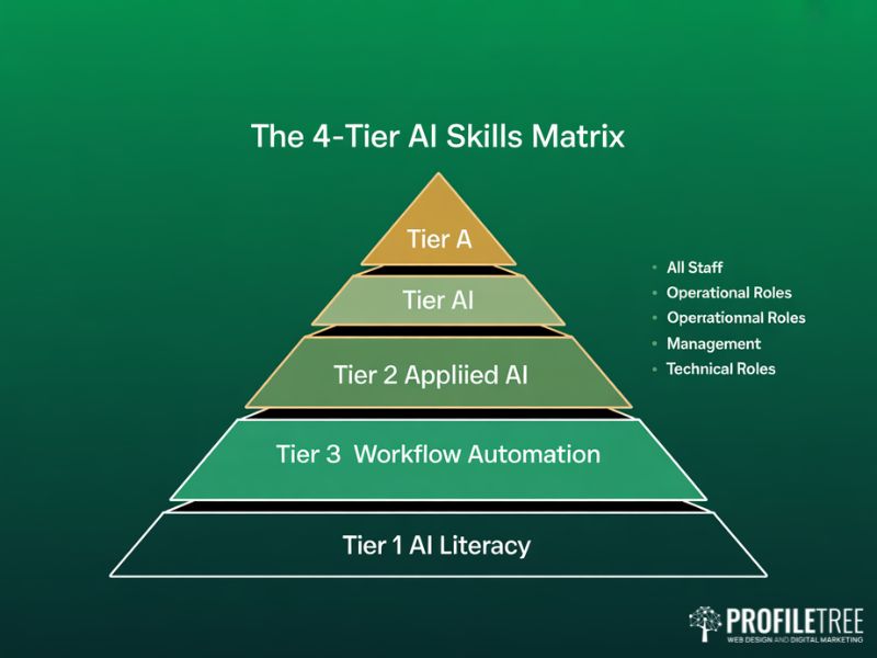 AI Competency Framework four-tier skills matrix pyramid showing progression from literacy to development
