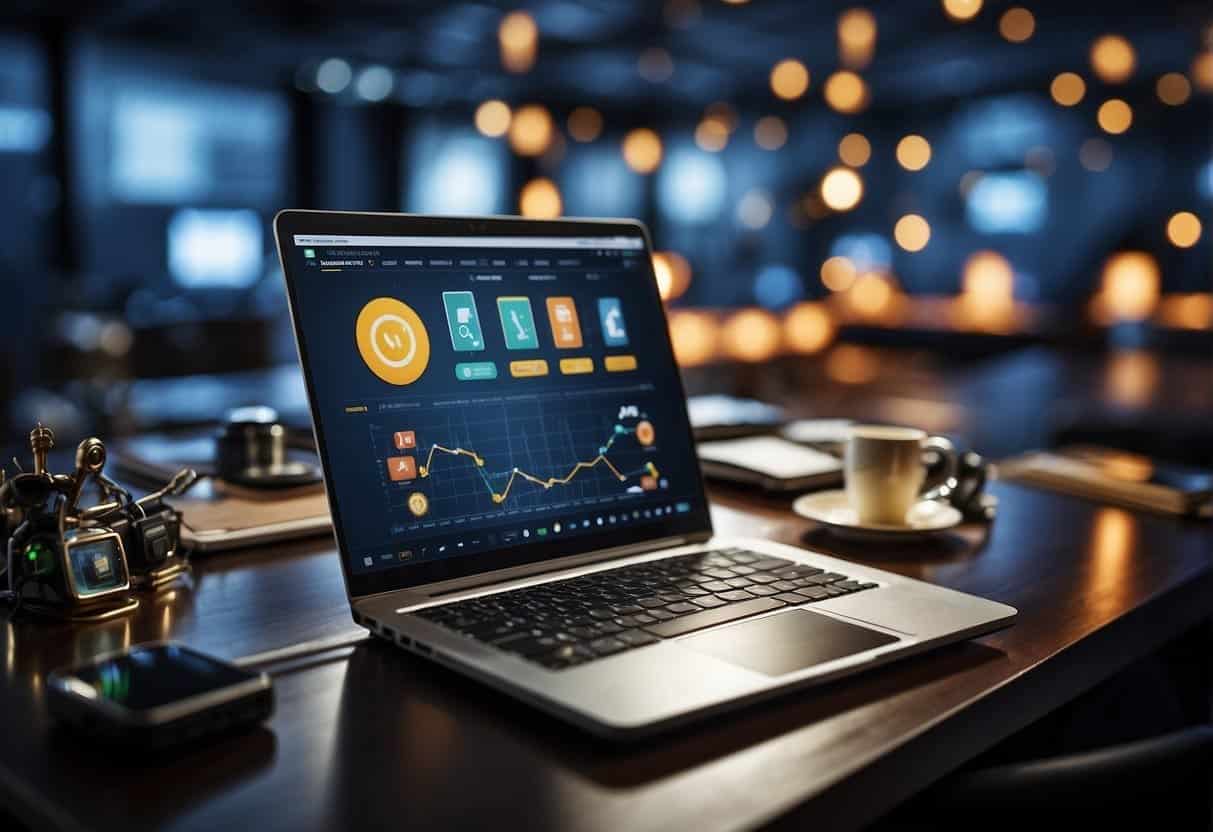 A laptop surrounded by various web technology icons and tools, with a progress chart showing increasing productivity