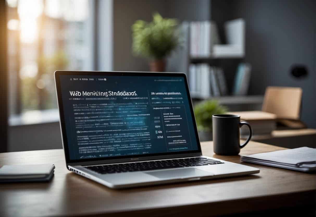 A computer screen displaying a website with various web technologies and compliance standards. An open book with the title "Maintaining Web Standards and Compliance" on a desk beside the computer