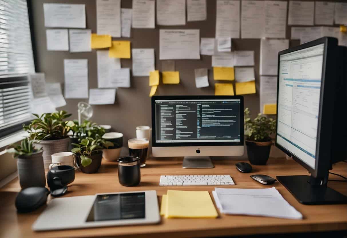 A cluttered desk with a computer, coffee mug, and notepads. Post-it notes with web development terms cover the monitor. A whiteboard displays a flowchart of technologies