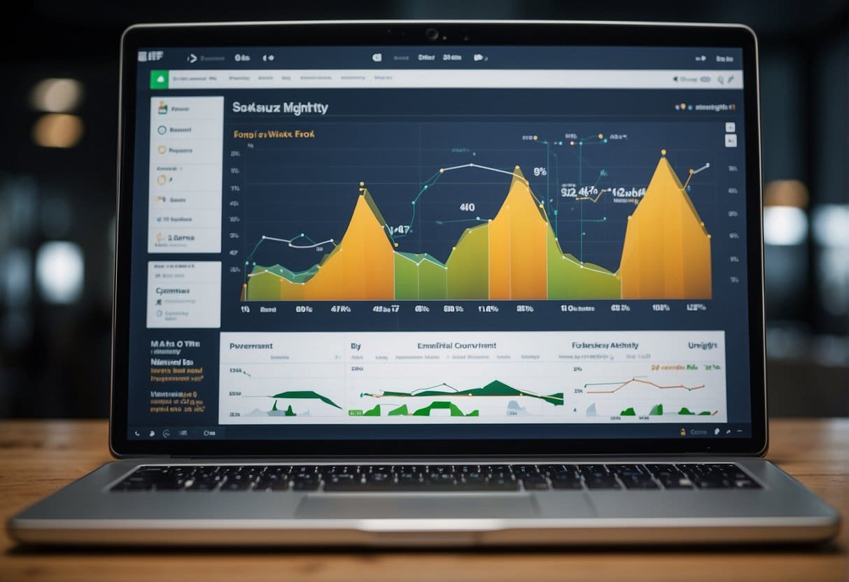 Optimising eCommerce Websites- A laptop displaying an eCommerce website with a clear and user-friendly interface, surrounded by data analytics charts and graphs showing increased conversion rates