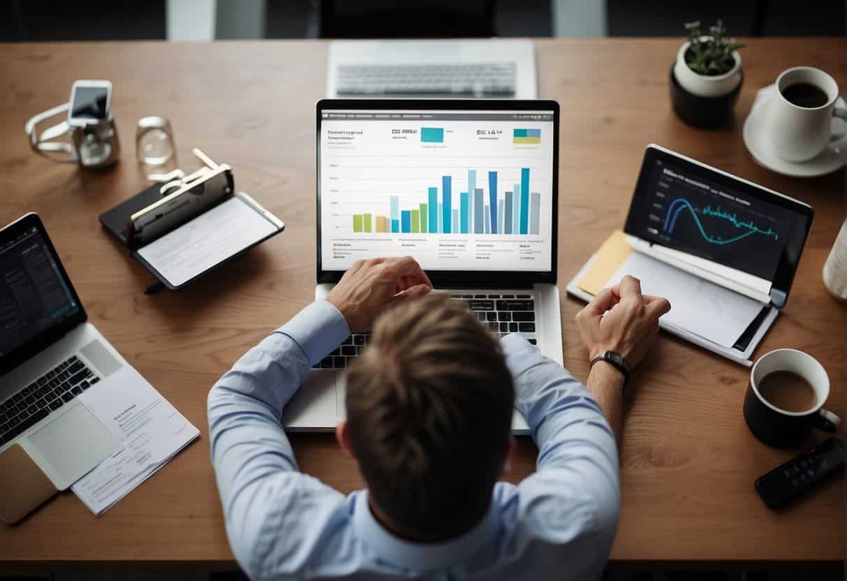 Financial advisors strategize and execute content marketing. Charts, graphs, and digital platforms symbolize growth and reach