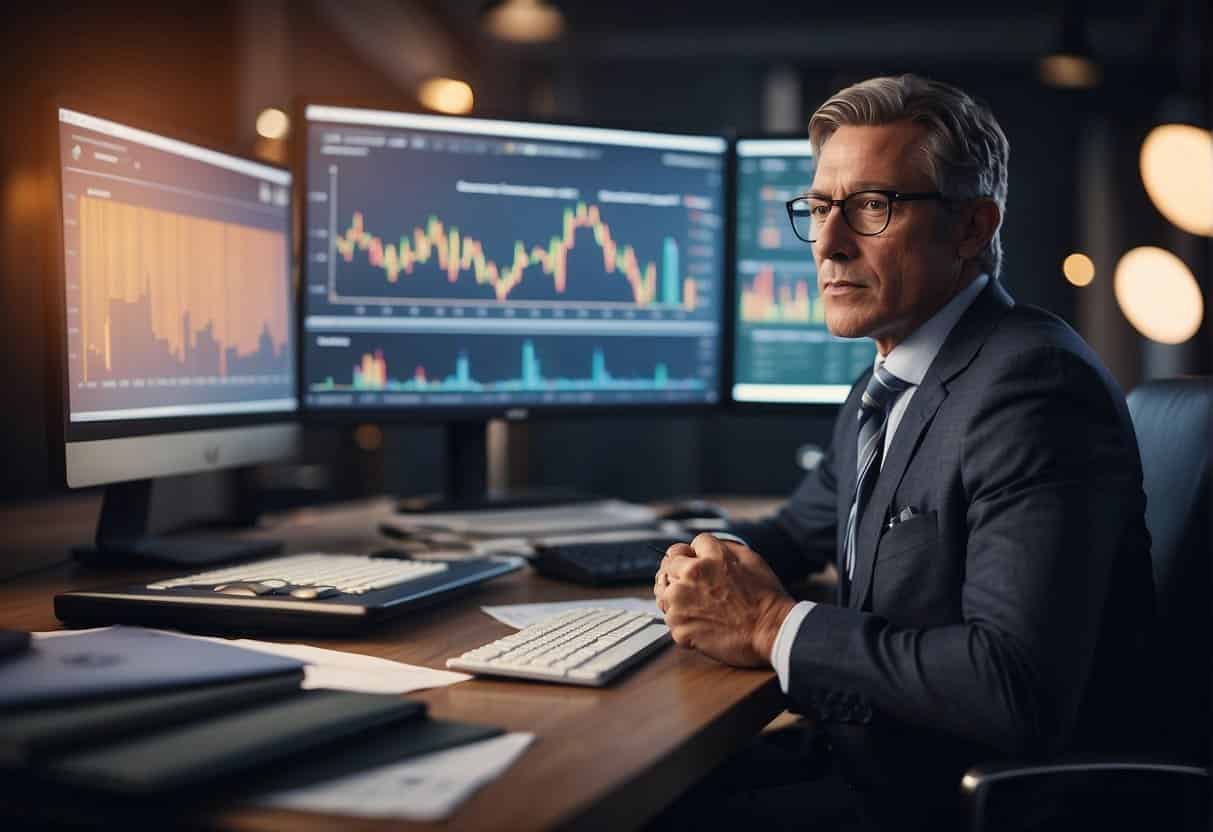 A financial advisor answering questions in front of a computer, surrounded by charts, graphs, and a stack of informative documents