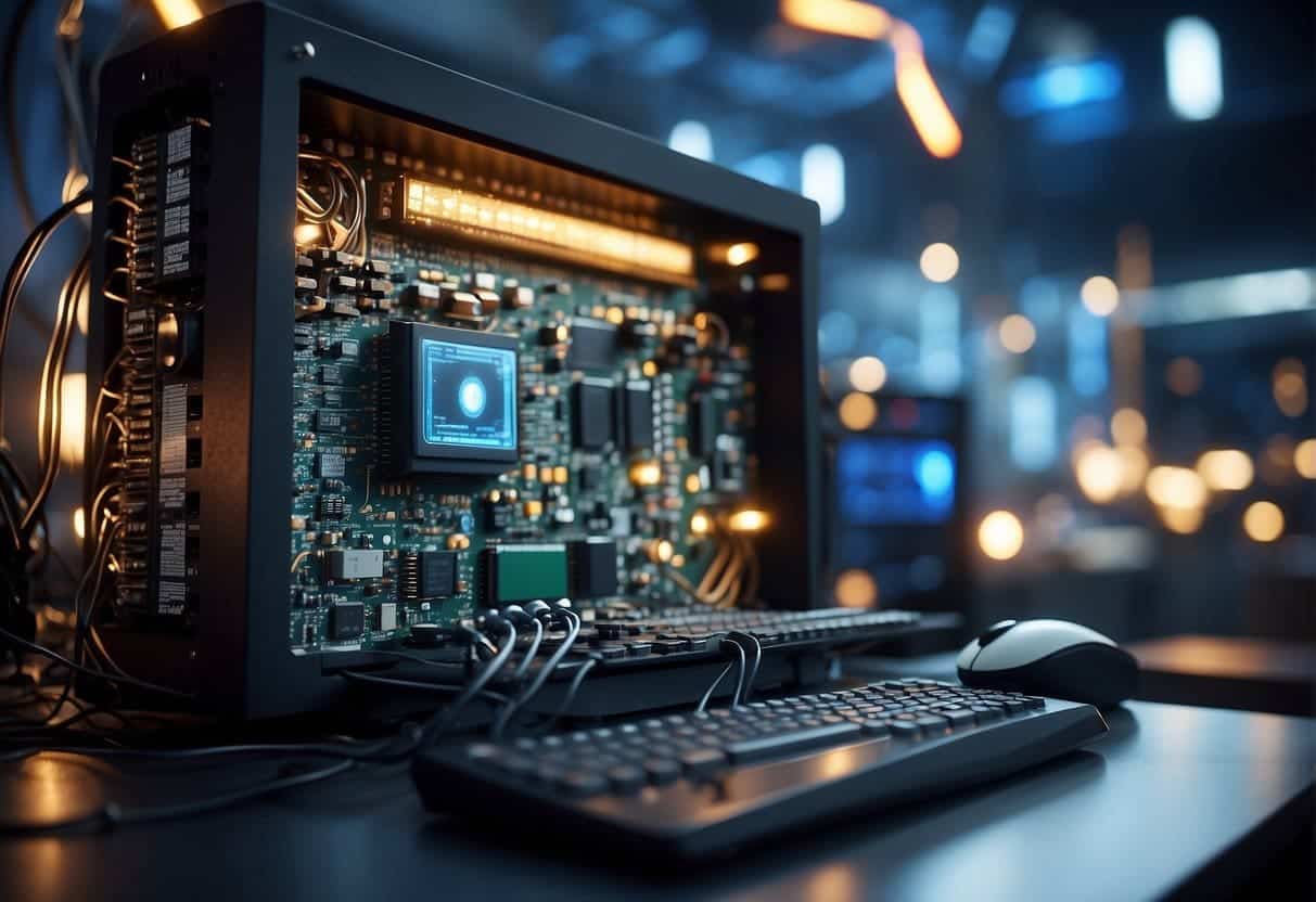 A computer system triumphs over obstacles, with wires and circuits symbolizing the complexity of AI implementation