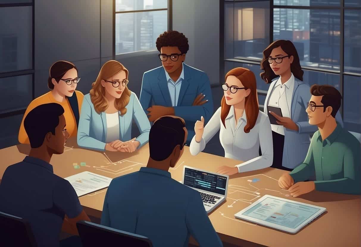 A group of individuals from different organizations collaborate to solve technical issues in implementing AI. They are engaged in deep discussions, brainstorming, and problem-solving