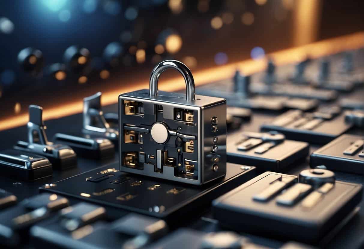 AI system surrounded by locks and shields, breaking through technical barriers. Trust symbolized by a secure fortress