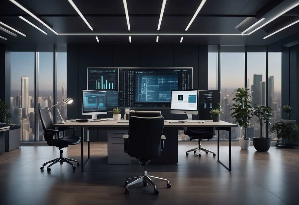 An office setting with AI technology and data privacy measures in place, symbolizing ethical business practices. AI aids in post-crisis recovery