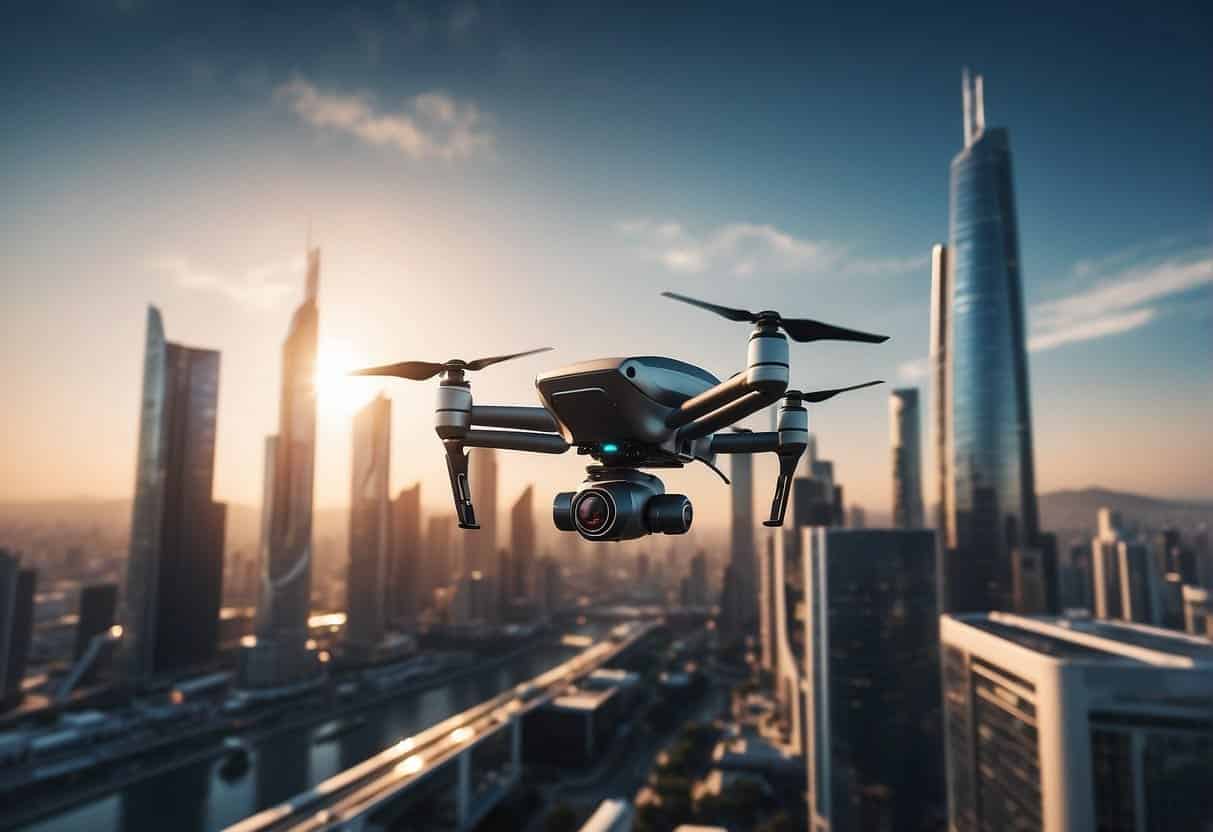 A futuristic city skyline with AI-powered drones and robots aiding in business recovery post-COVID crisis