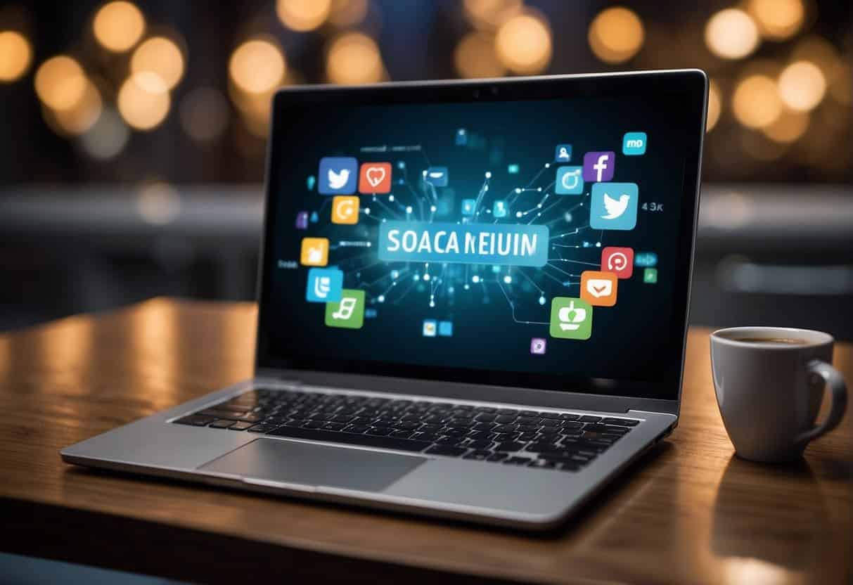 A laptop displaying social media platforms and online review websites, with AI algorithms analyzing consumer behavior data