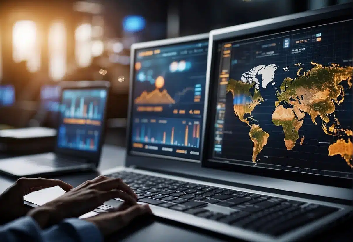 Various industries impacted by AI. A computer analyzing consumer data. Charts and graphs displaying customer behavior trends