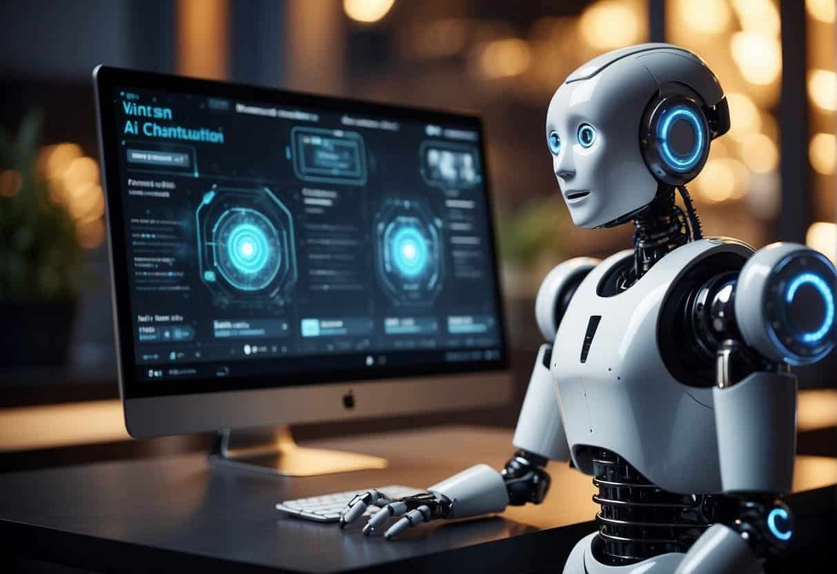 An AI chatbot interacts with users, displaying advanced configuration options. Optimisation settings are adjusted, creating a seamless user experience