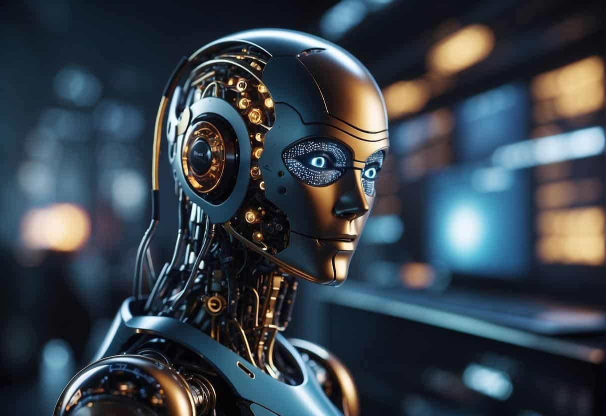 AI chatbots being configured and optimized, with various technical elements integrated. Multiple layers of advanced algorithms and data processing visible