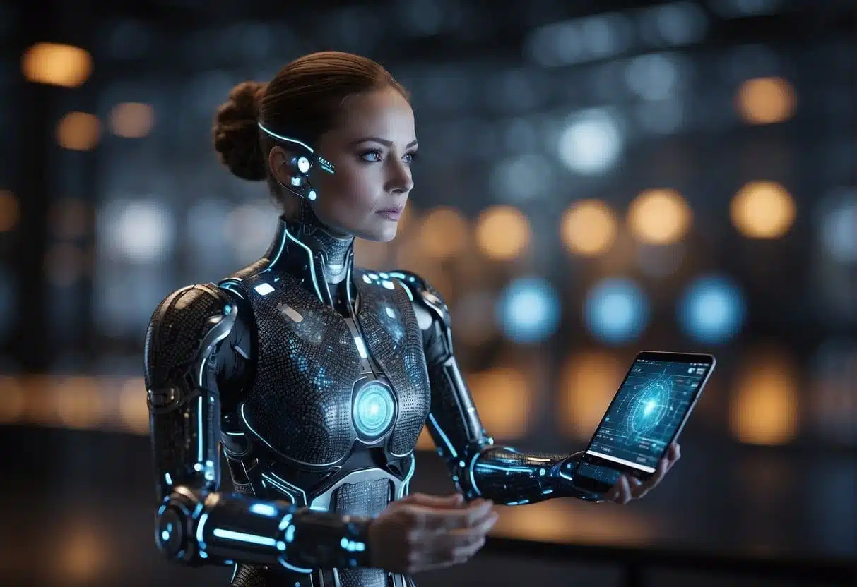 AI and mobile devices interacting, exchanging information and enhancing functionality. AI algorithms processing data, improving user experience