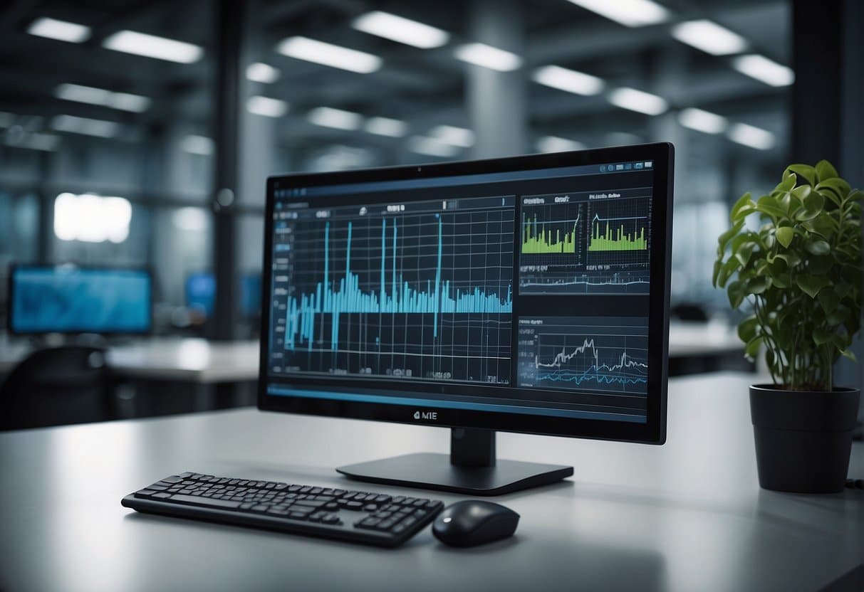 AI monitors energy usage, waste management, and carbon emissions in a modern office building, optimizing sustainable business practices