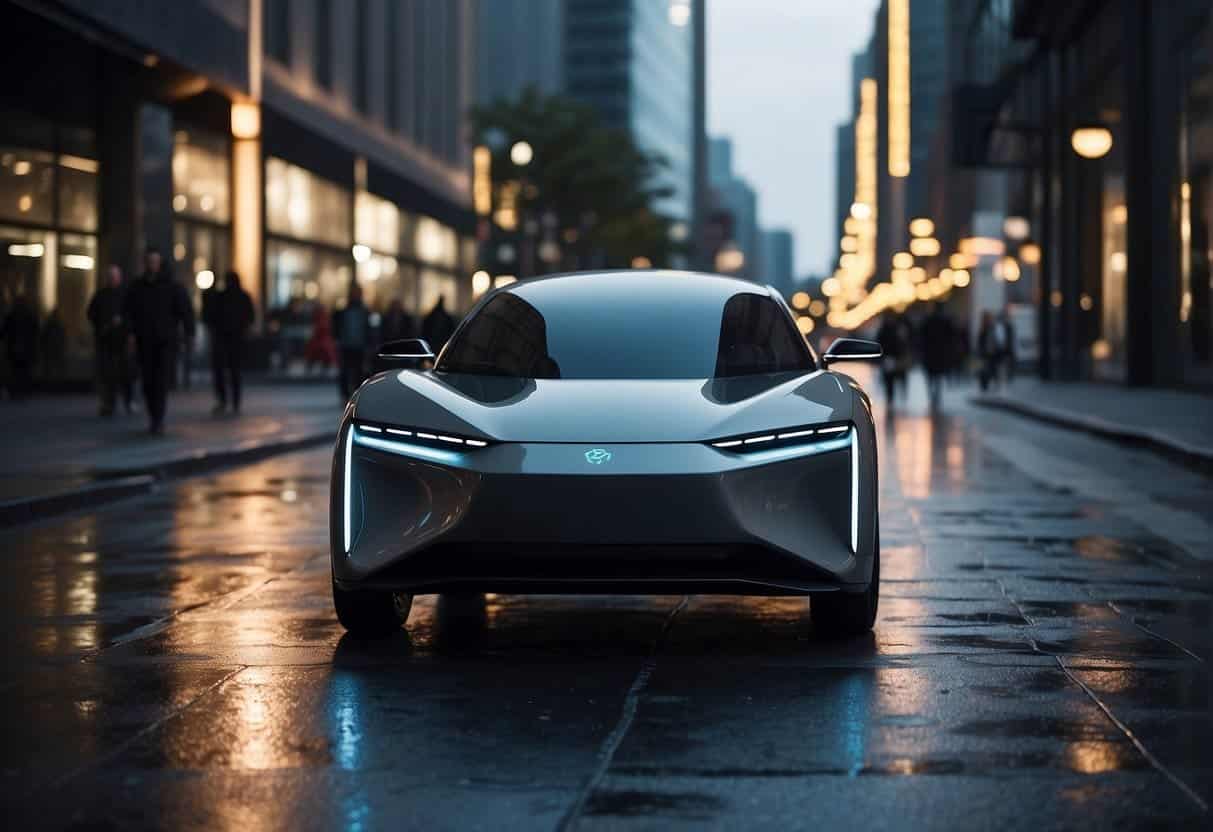 A sleek, futuristic electric vehicle navigates a bustling city street, guided by advanced AI technology, while solar panels and wind turbines power nearby businesses