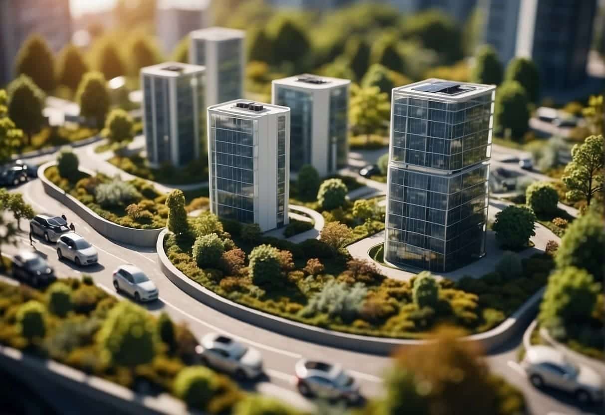 A bustling city with green rooftops, solar panels, and wind turbines integrated into modern buildings, surrounded by lush parks and bike lanes