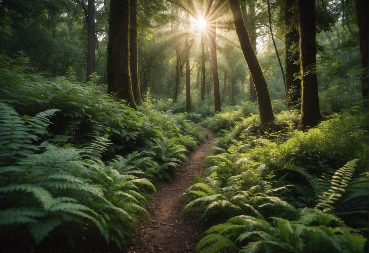 A lush forest with diverse flora and fauna, surrounded by advanced technology monitoring and protecting the environment
