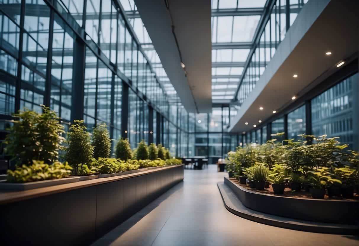 AI algorithms optimizing energy use in a modern office building, reducing waste and emissions. Smart sensors and data analytics monitor environmental impact
