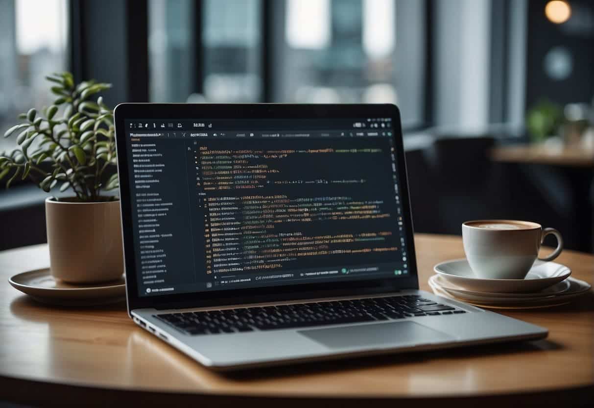 An open laptop displaying AI algorithms and small business data, surrounded by relevant books and a cup of coffee