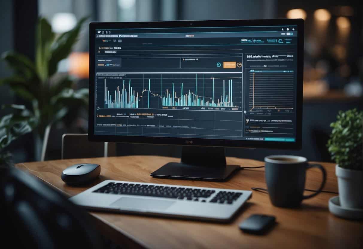 An AI-powered computer analyzes data for a small business while online courses on AI education are displayed on the screen