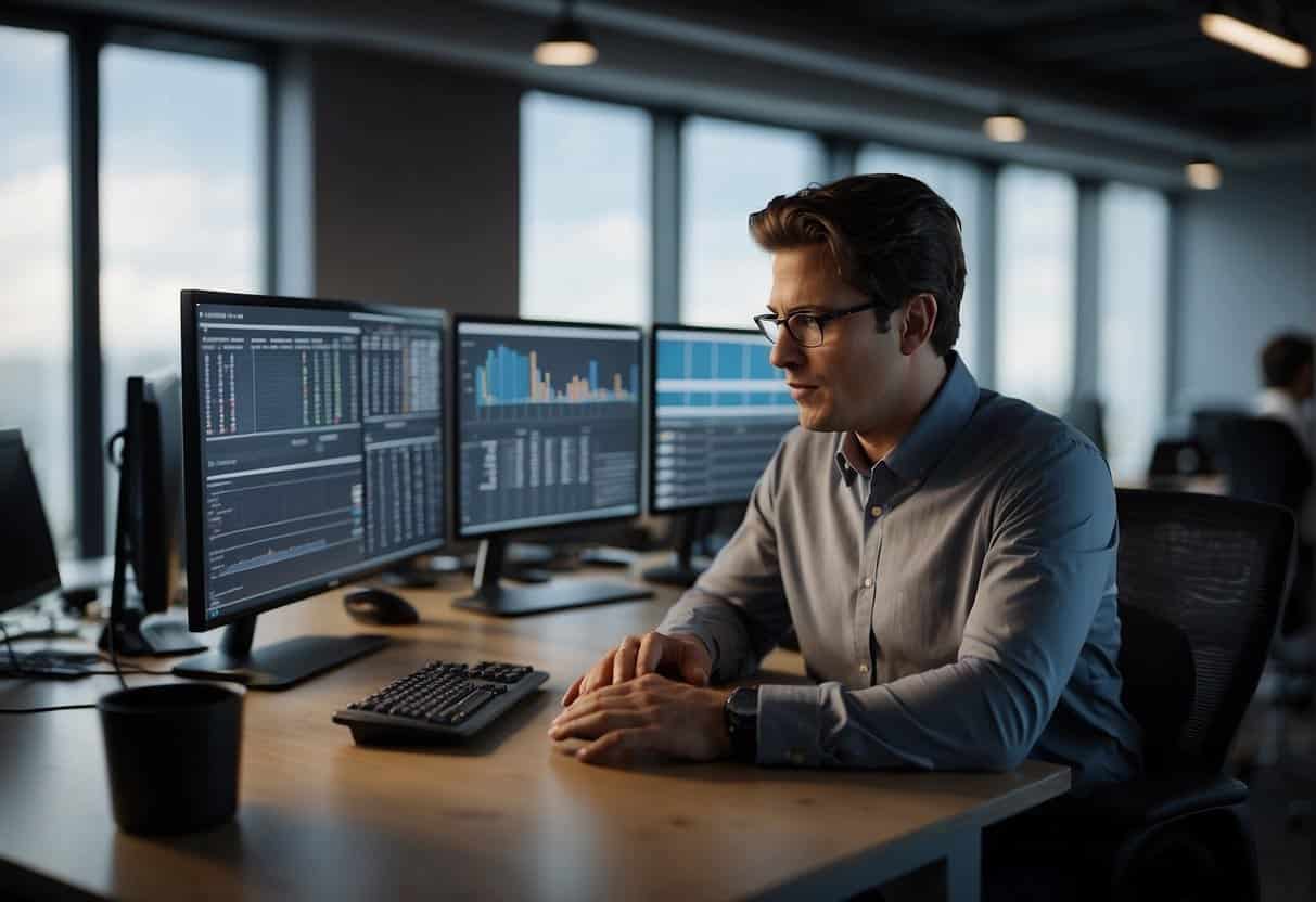A person comparing time and resources for AI training in an office setting vs. outsourcing. Multiple computers and charts are present