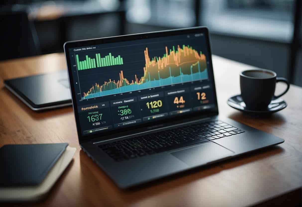 A laptop displaying social media metrics. A desk with creative materials. Graphs and charts on the screen. Bright colors and engaging visuals