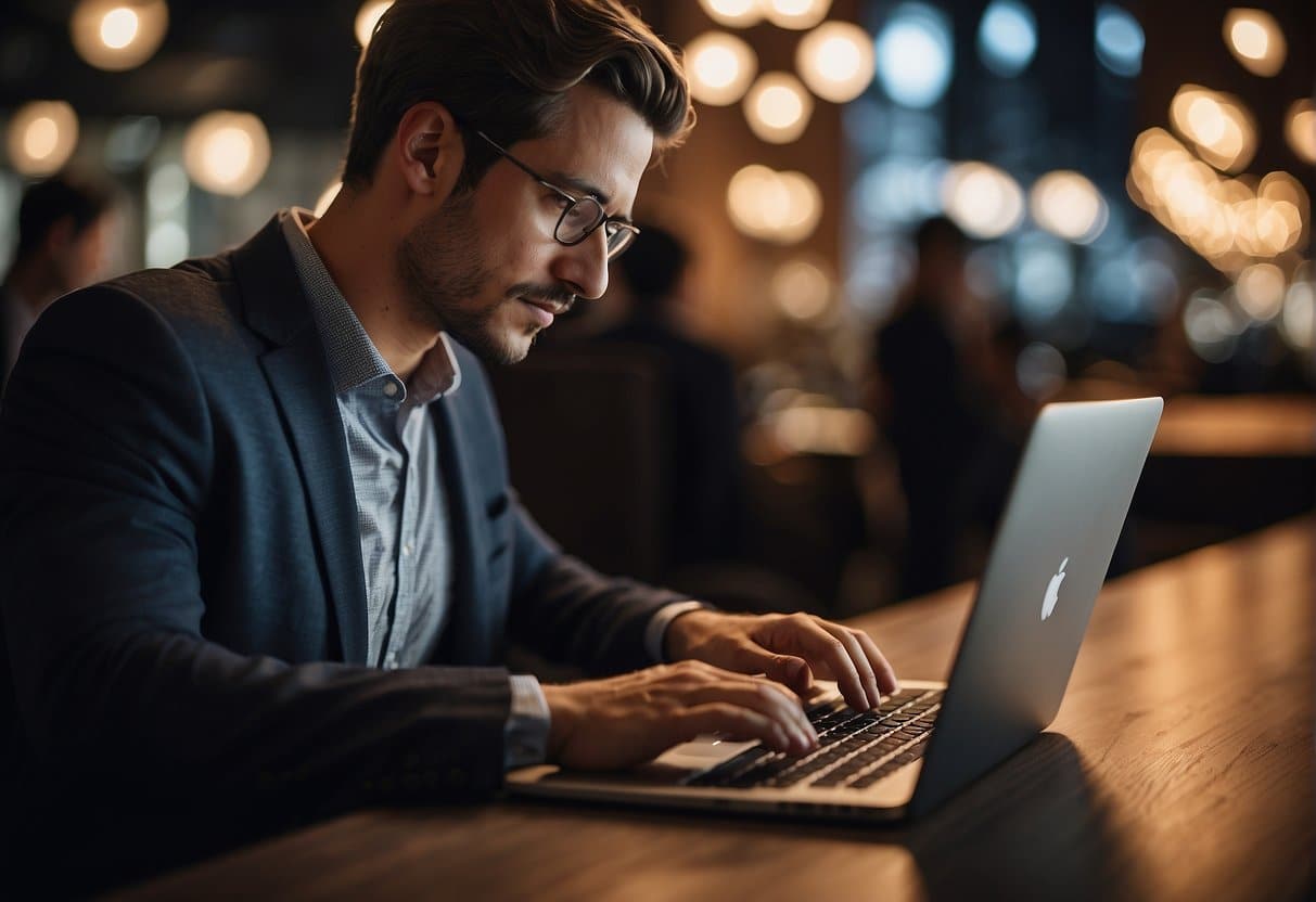 A person typing on a laptop, surrounded by authentic and trustworthy elements. Compelling social media content displayed on the screen