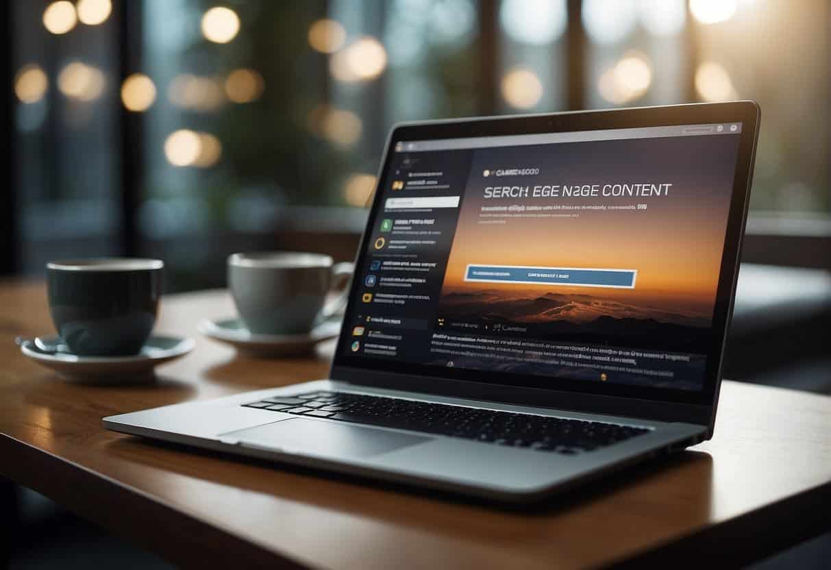 A laptop displaying a webpage with "Search Engine Optimization Through Content Update" and "The Importance of Consistent Content Updates" on the screen