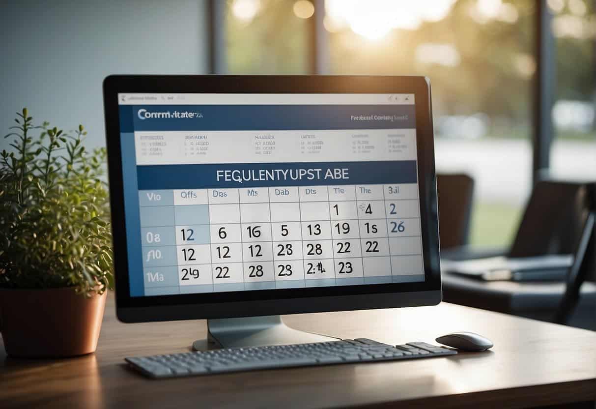 A computer screen displaying a webpage titled "Frequently Asked Questions: The Importance of Consistent Content Updates" with a calendar showing regular update dates