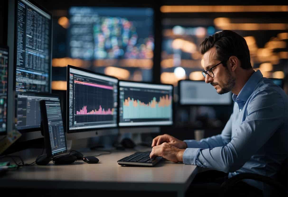 An analyst examines SEMrush data on a computer, surrounded by charts and graphs, uncovering organic search insights for competitive analysis