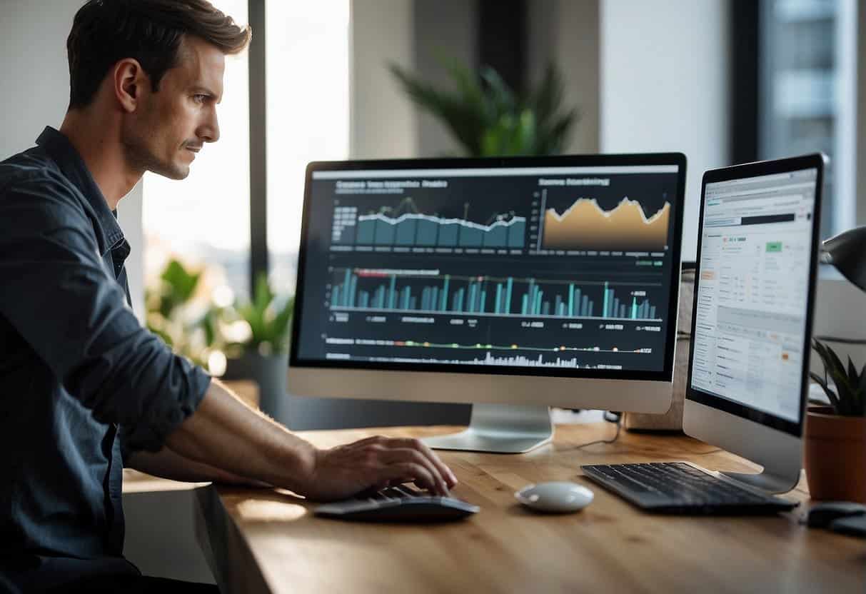 A person using SEMrush to analyze competitors' paid marketing efforts, with various data and charts displayed on a computer screen