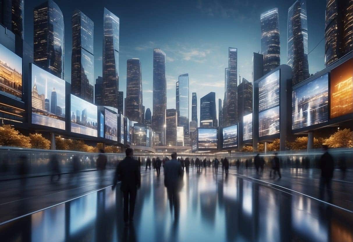 A futuristic cityscape with digital billboards displaying property listings, while AI algorithms analyze data for customer matching
