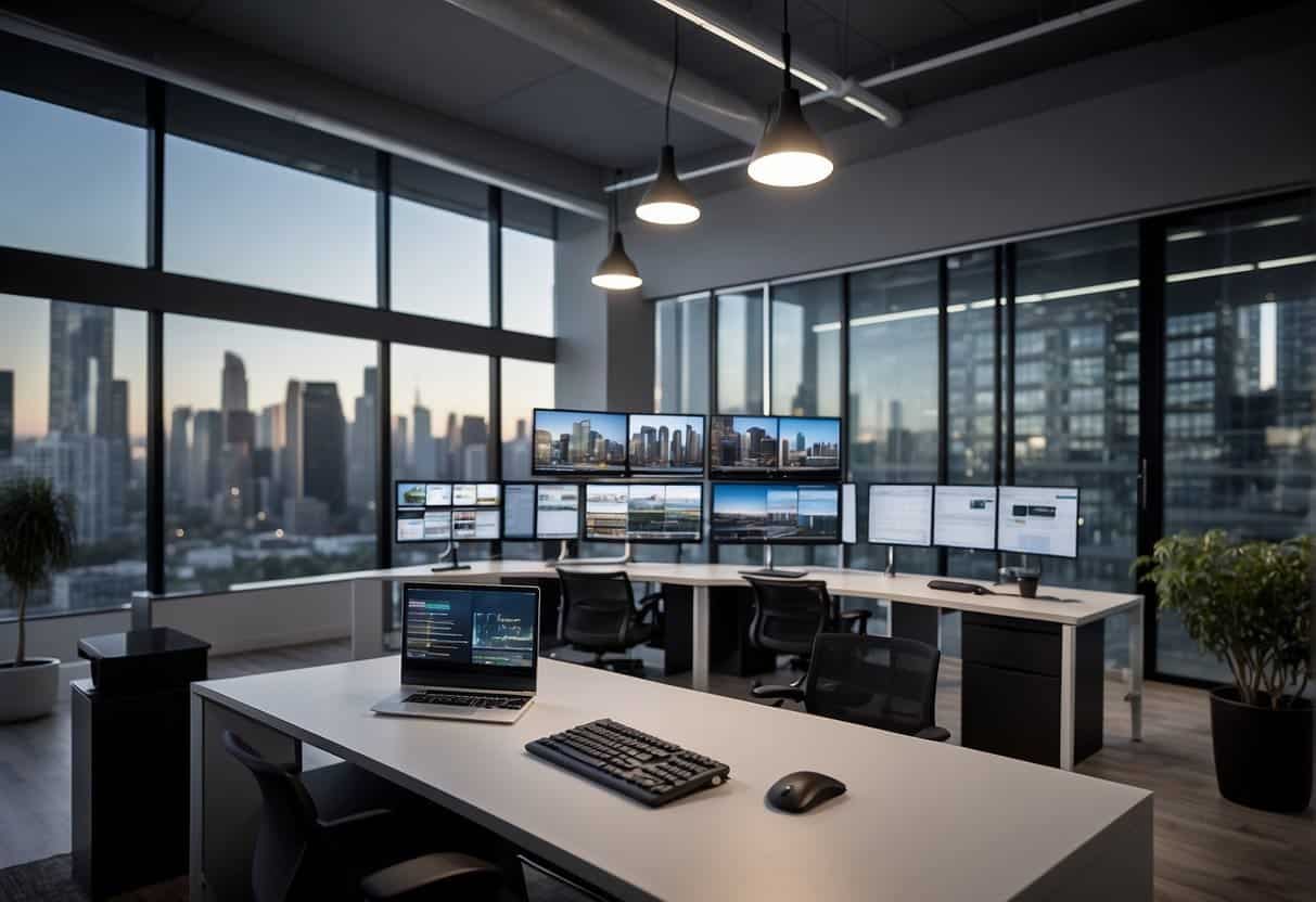 AI tools manage real estate properties, matching customers. Illustrate a sleek, modern office with computer screens displaying property data and customer profiles