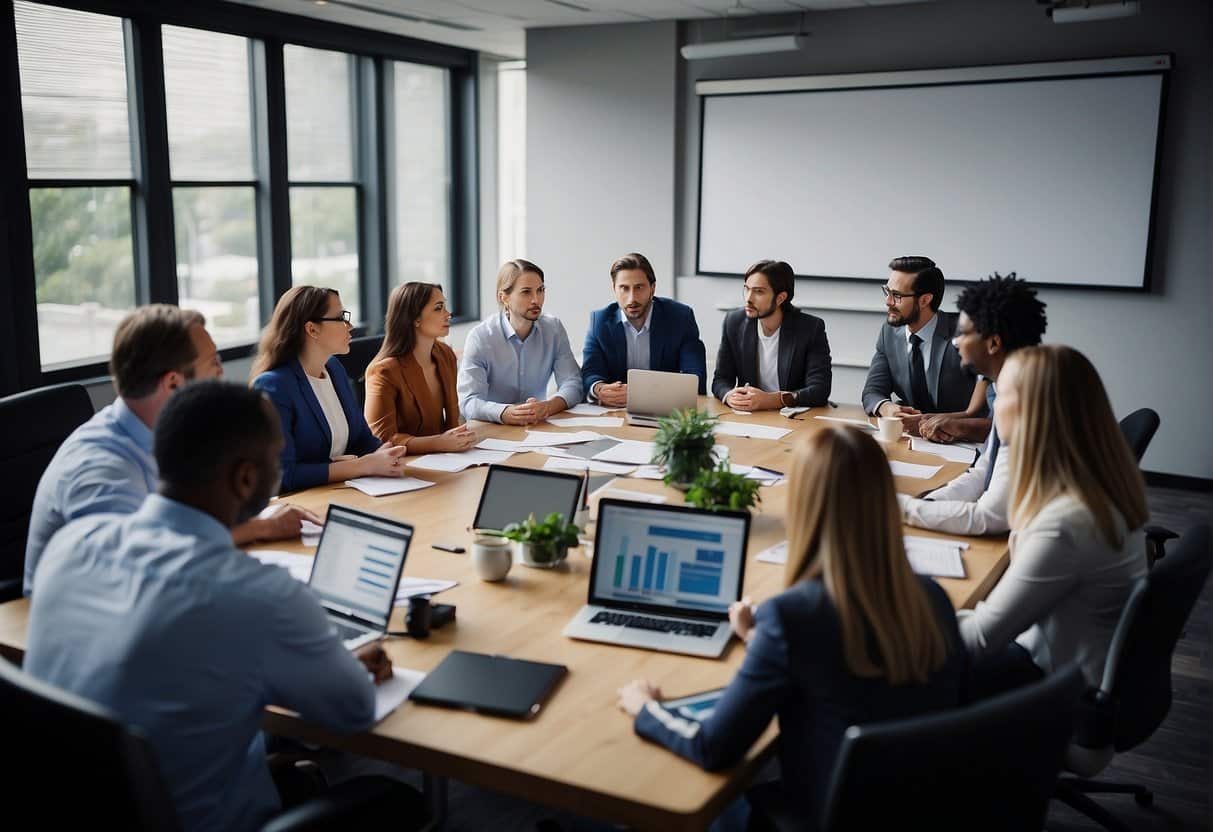 A team of professionals huddled around a conference table, discussing and strategizing a crisis management plan for digital marketing. Laptops, charts, and whiteboards are scattered around the room, emphasizing the urgency and importance of the task at hand