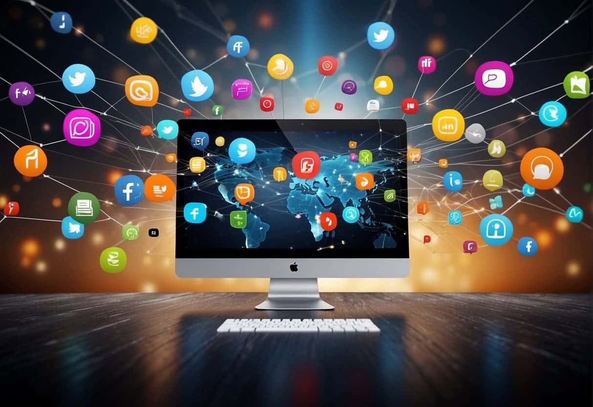 A computer screen with various social media icons and website logos, surrounded by a network of interconnected lines representing diverse online channels