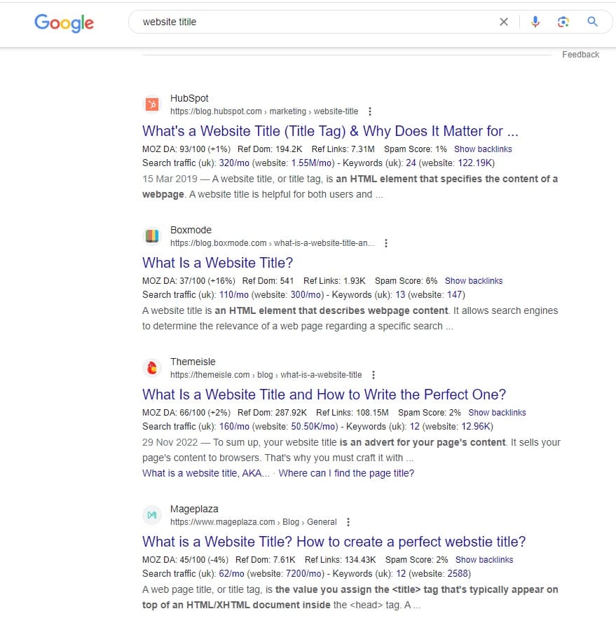 website title
