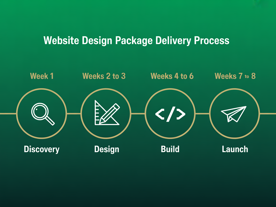 Four step delivery process for a Website Design Package showing Discovery Design Build and Launch with weekly timeline