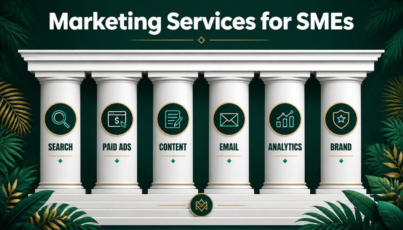 A graphic of five classical columns labelled Search, Paid Ads, Content, Email, Analytics, and Brand illustrates our Marketing Service for SMEs. Each column features an icon and greenery frames the marketing scene.