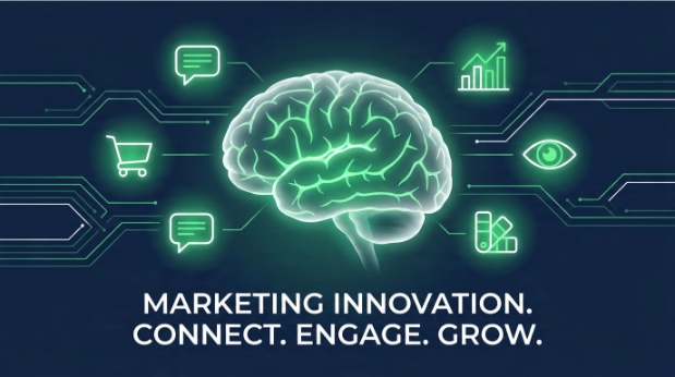 A glowing digital brain symbolises neuromarketing, surrounded by marketing icons like a shopping trolley, chat bubbles, analytics, and an eye. Below, the text reads: MARKETING INNOVATION. CONNECT. ENGAGE. GROW. Neuromarketing